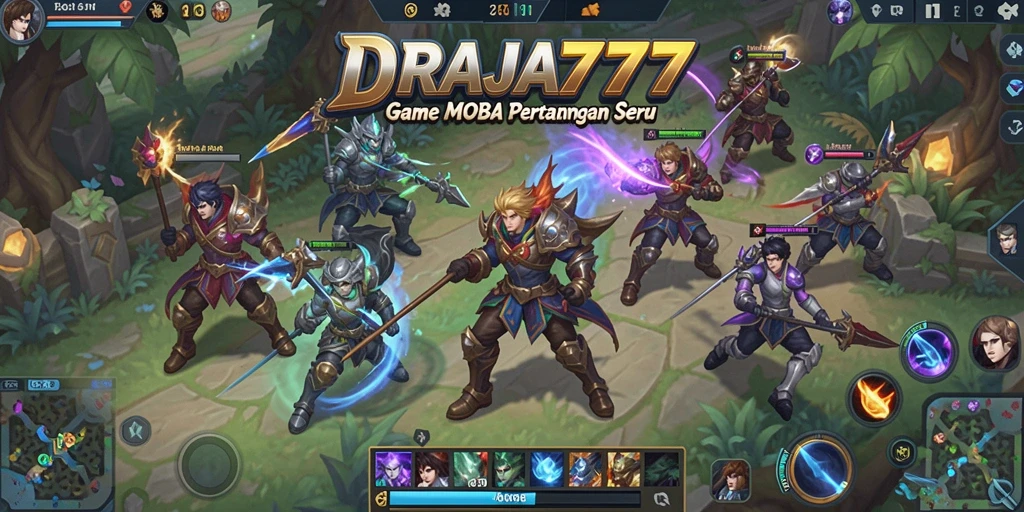 Tampilan seru dari gameplay DRAJA777 dalam arena MOBA.