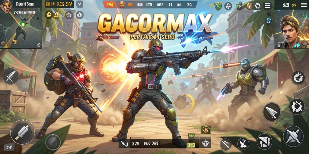 Tampilan dinamis gameplay GACORMAX dalam momen pertarungan battle royale.