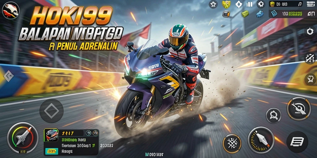 Tampilan gameplay seru di HOKI99 dengan motor balap cepat.