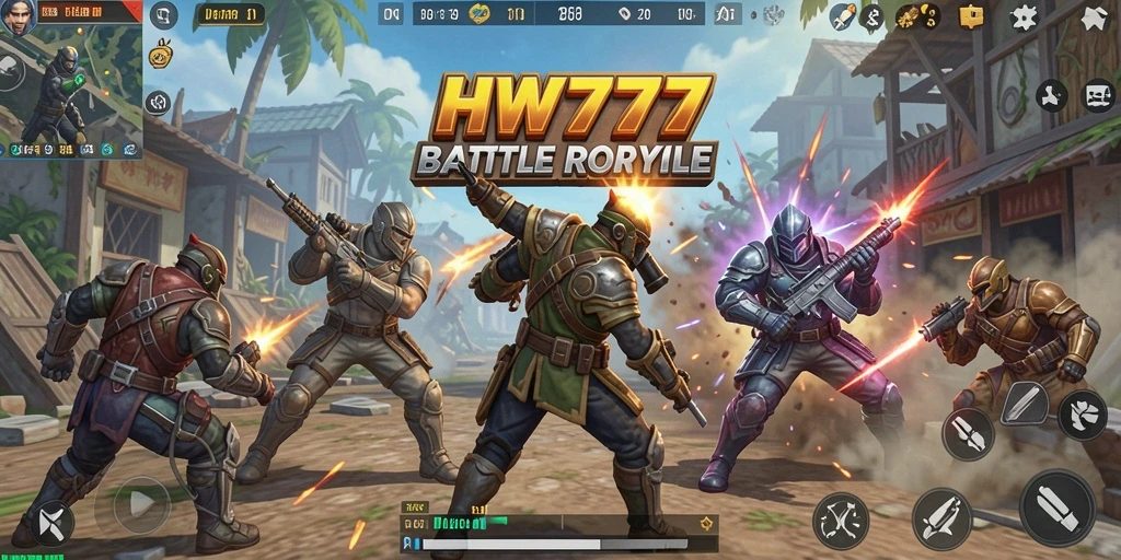 Tangkapan layar utama HW777 menunjukkan aksi seru dalam permainan Battle Royale.