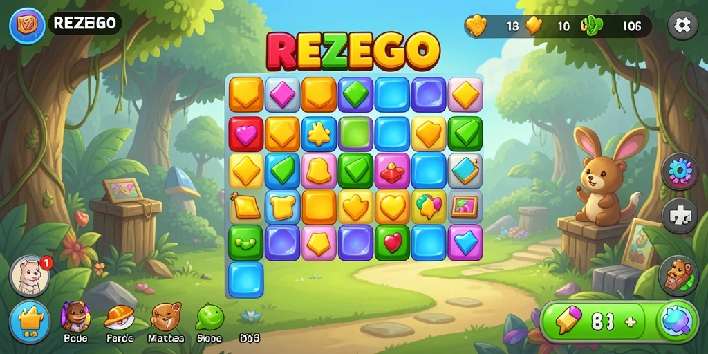 Tampilan gameplay REZEGO dengan aksi mencocokkan item yang seru.